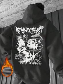 K-GLORY Men's Hoodie, Casual Street Style Butterfly & Rose English Slogan Print Fleece Lined Pullover Sweatshirt, Autumn/Winter - Dark Grey - View 1