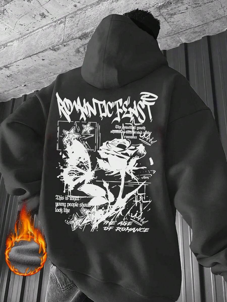 K-GLORY Men's Hoodie, Casual Street Style Butterfly & Rose English Slogan Print Fleece Lined Pullover Sweatshirt, Autumn/Winter - Dark Grey - View 1