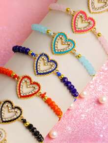 6Pcs/Lot Exquisite Fashion Cute Sweet Girls Boys Bracelets With Rhinestones Acrylic Beads Adjustable Drawstring Styles Birthday Party Children's Day Gifts Daily Wearing Accessories Random Styles - 6 Rhinestone Heart Drawstring Bracelet - View 6