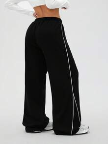 1 pieza Pantalón jogger holgado con textura de gofre, con bolsillos y diseño de rayas laterales en contraste, pierna recta, adecuado para correr al aire libre, entrenamiento en el gimnasio, uso casual, todo el año, color negro primaveral - Negro - Ver 4