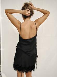 Women Half Slips Eyelash Lace Trim Satin Silk Bodycon Short Mini Skirts High Waist Patchwork Slim Fitted Underskirts Underwear Lingerie Dress - 黑色 - 查看 4