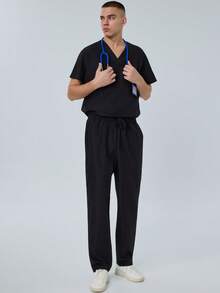 cimmuovere Men's V-Neck Short Sleeve Multi-Pocket Top And Solid Scrubs Pants, Nurse Scrubs Workwear For Dentist, Healthcare, Pet Hospital, Laboratory - Black - View 1