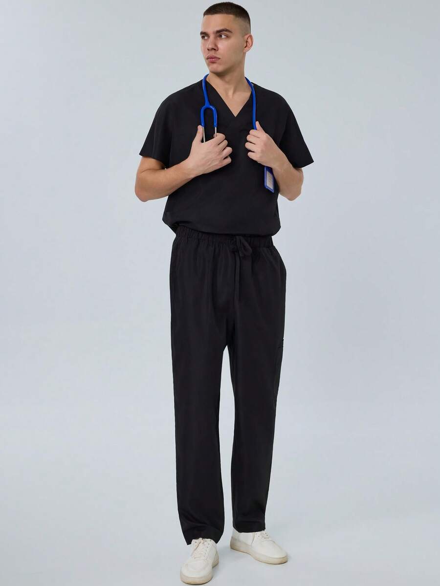 cimmuovere Men's V-Neck Short Sleeve Multi-Pocket Top And Solid Scrubs Pants, Nurse Scrubs Workwear For Dentist, Healthcare, Pet Hospital, Laboratory - Black - View 1