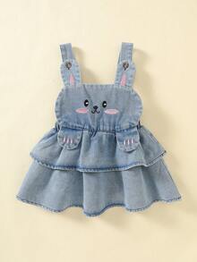 1pc Baby Girl Casual Cute Rabbit Embroidery Denim Bib Dress, Light Blue, Spring/Summer/Autumn - Blue - View 8