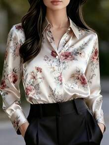 Elegant Women's Satin Printed Button-Up Blouse, Suitable For Spring And Autumn - Apricot - View 8