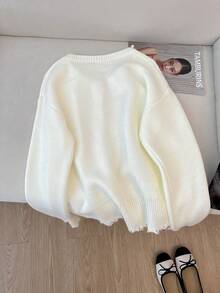 女士秋冬纯色日常外套珍珠边撕边长袖羊毛开衫 - 米色 - 查看 5