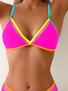 1 Set Women's Two Pieces Bikini Swimsuit With Mesh Inset, Spaghetti Straps, V-Neck, Backless, Fashionable & Sexy