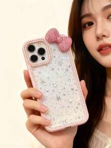 奢华闪亮水晶蝴蝶结环氧树脂亮片透明手机壳，兼容 17/16 Pro Max/15/14/13，防震保护框硬质亚克力保护套 - 粉色 - 查看 3