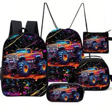 5-Piece Dinosaur Truck Printed Backpack Set (Double-Layer Backpack + Shoulder Strap Round Lunch Bag + Multi-Functional Pencil Case + Drawstring Bag + Coin Pouch) - Black - View 10