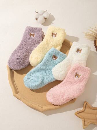 5双儿童熊与动物系列刺绣保暖珊瑚绒袜子，适合3-16岁男孩和女孩，秋冬必备