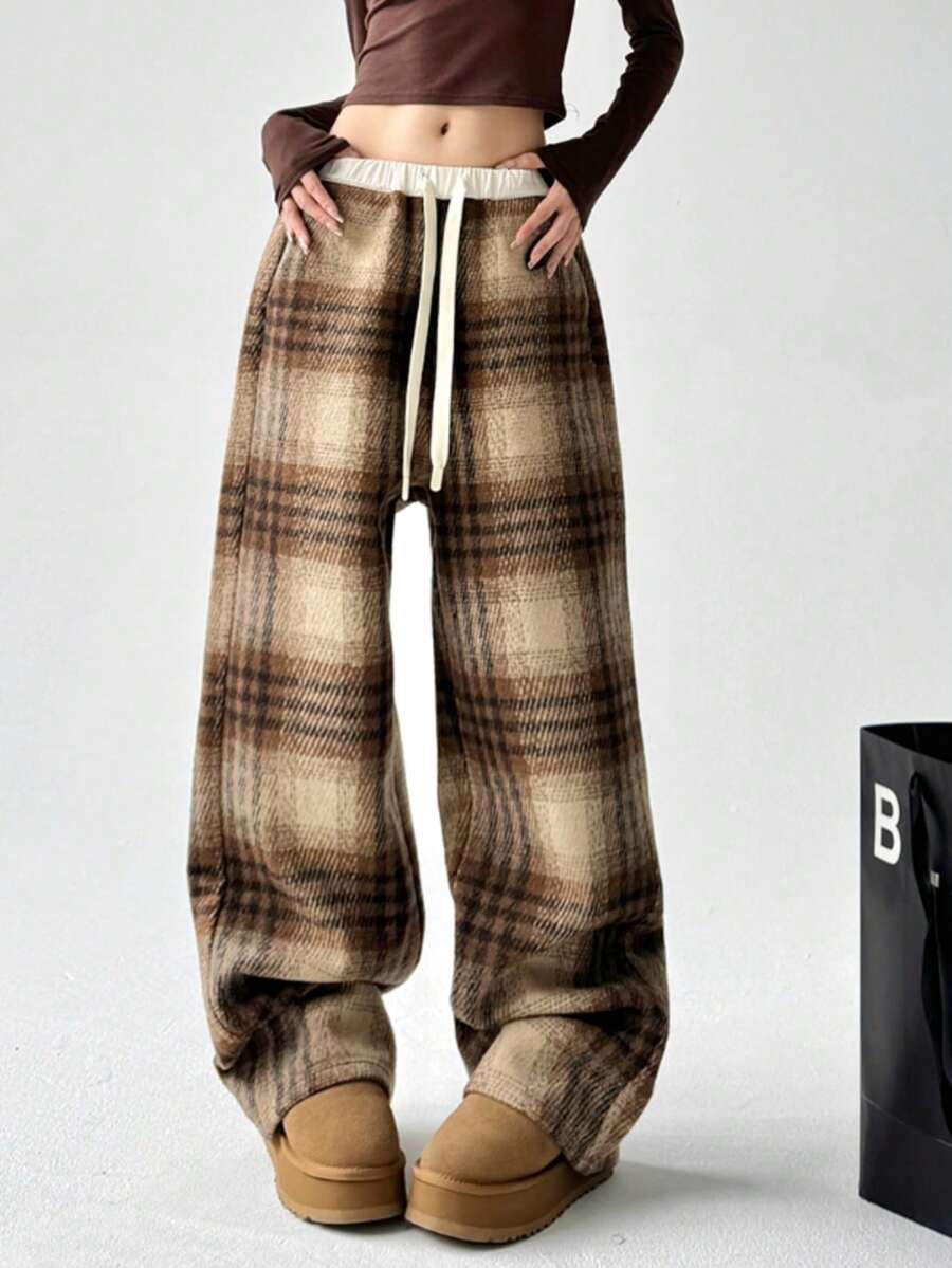 Plaid Woolen Wide Leg Pants For Women, Loose Straight Leg Casual Trousers, Suitable For Autumn And Winter - Yellow - View 1