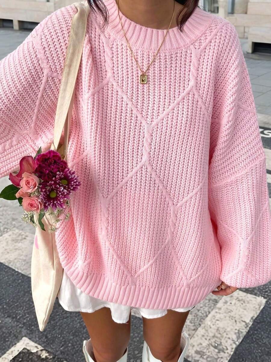 Plus Size Women's Solid Color Long Sleeve Knit Sweater, Crew Neck Thick Knit Warm Pullover Sweater For Autumn/Winter, Suitable For Casual Daily Wear, Also Can Be A Gift For Christmas, New Year, Valentine's Day Pink - Pink - View 1