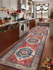 Runner Rug Hallways, 2'6x10' Washable Non Slip Kitchen Runner Rug, Long Boho Vintage Rust Hallway Stair Ultra Soft Print Floor Carpet Bedroom Bathroom Laundry Room, Home Decor - 銹色/多色 - 查看 5