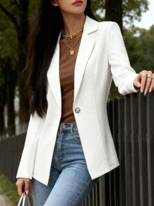 Women's Slim Fit Lapel Single-Button Blazer - Suitable For Both Work And Casual Wear, Solid Color - 白色 - 查看 5