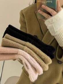 1 Pair New Touch Screen Half Finger Gloves For Women - Mink Fleece & Wool Blend, Soft Plush Knit With Luxury Solid Color For Office & School Use