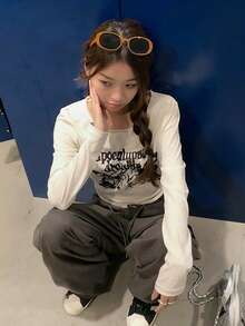 英文蝴蝶印花长袖T恤T2025，韩版新款小美式复古短款女上衣