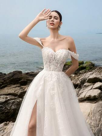 HEARBOBO Luxury Off The Shoulder White Stretchy Floral Lace Patchwork,Classical Split Thigh Mesh Wedding Dresses Bridal With Train,Ertra A-Line,Christmas Women Prom Dresses