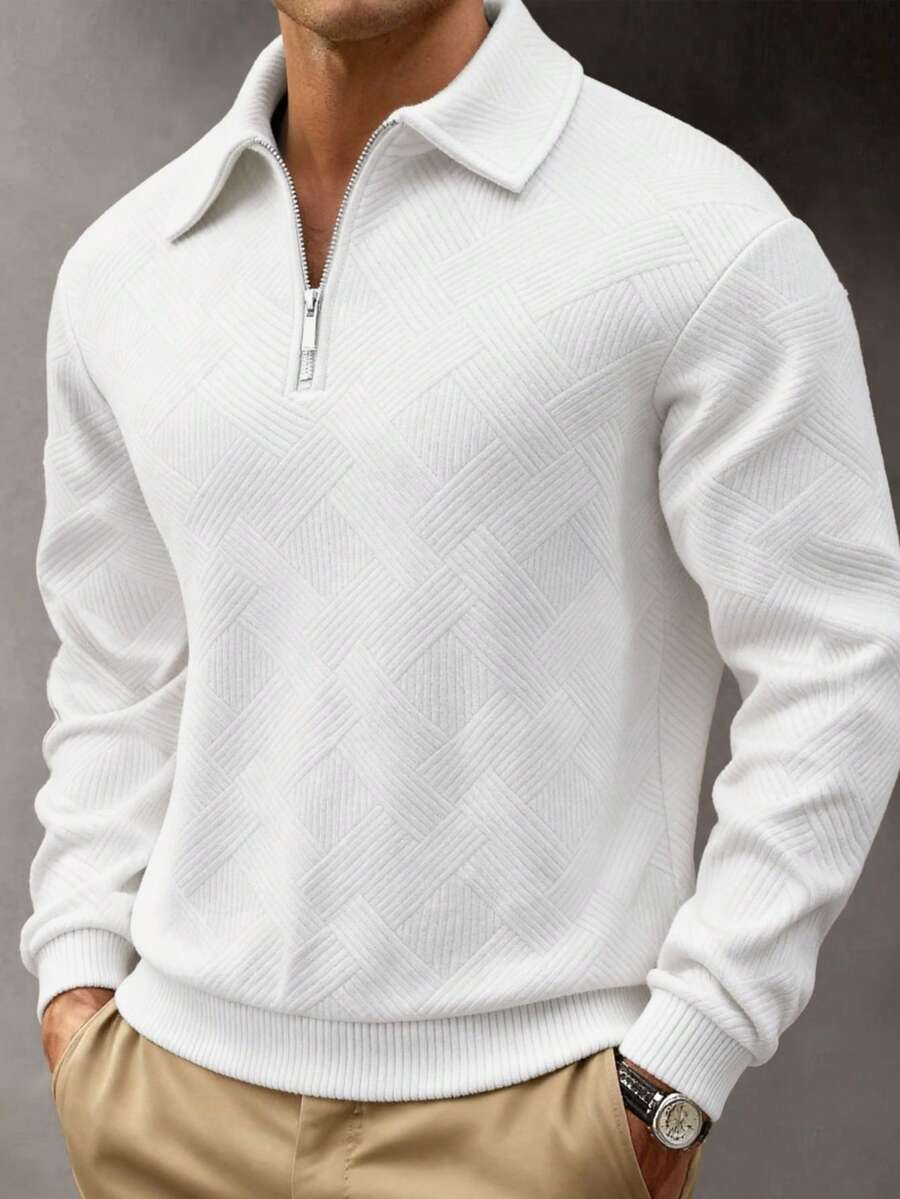 男士休闲 Polo 衫，翻领拉链设计 | 人字纹提花针织，卫衣版型，度假及日常休闲必备单品，理想的情人节男友礼物（欧美尺码偏大，建议选购小一码）
