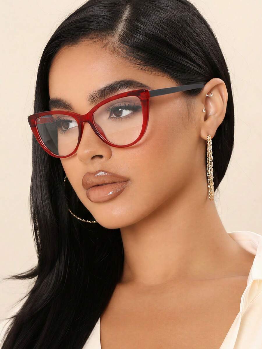 1 Cặp kính mắt mèo gọng nhựa PC thời trang phối màu tương phản tối giản phong cách thường ngày dành cho nữ, màu đỏ rượu vang.