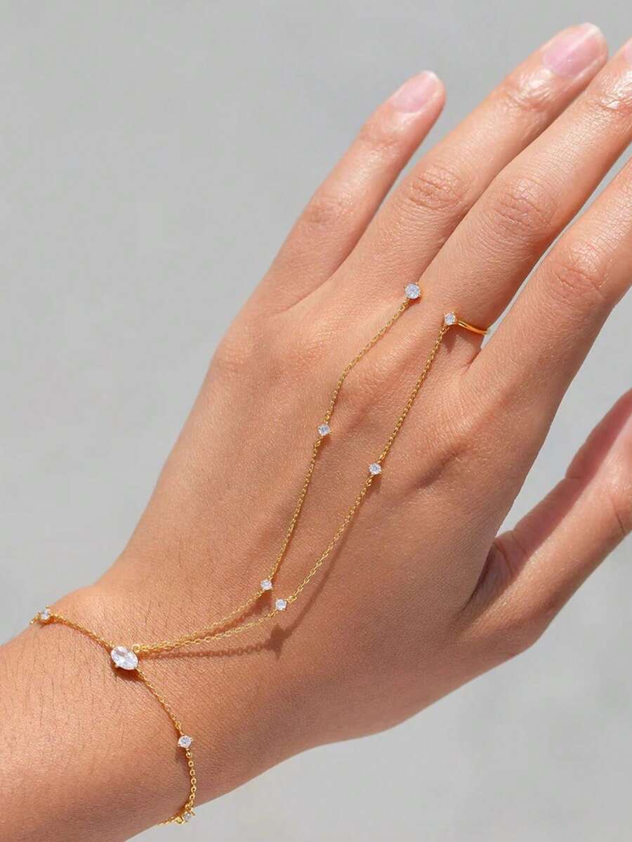 1pc Rhinestone Finger Chain, Personalized Niche Layered Necklace & Bracelet Luxury Jewelry For Women - Geometry - View 1