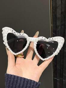 1pc Heart-Shaped Pearl Embellished Minimalist Bride Eyeglasses Frame With "Bride" Letter, Suitable For Bridal Party, Wedding Photography, Vintage Style, Party, Stage Performance, Accessory For Valentine's Day, Bridal Outfit, Holiday Outfit - Multicolor - View 2