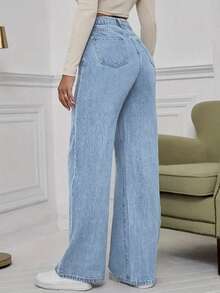 Women's Mid Waist Non Elastic Casual Loose Straight Leg Denim Pants Suitable For Daily Commuting And Home Wear - Rửa nhẹ - Xem 5