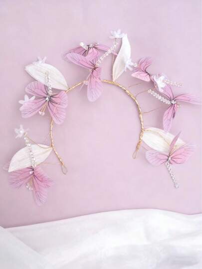 1pc Women's Crystal Butterfly & Leaf Bridal Headpiece, Crystal Butterfly & Leaf Wreath, Suitable For Wedding Ceremony, Wedding Dress Hair Accessories, Coronas, Tiara, Hair Circlet