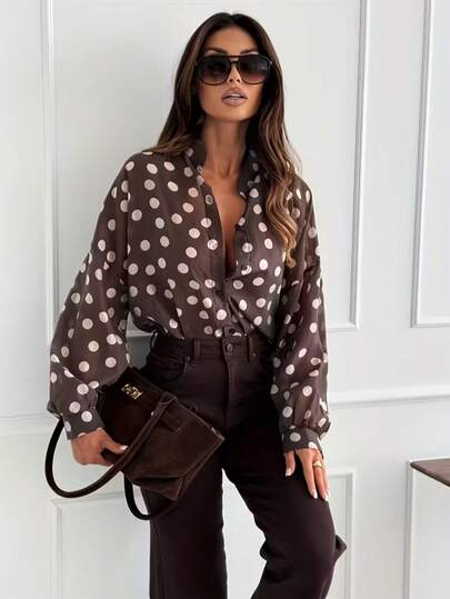 Women's Elegant Brown & White Polka Dot Blouse - Loose H-Shaped Long Sleeve Shirt, Semi-Sheer Stand Collar Top, Machine Washable, Suitable For All Seasons, Fits Casual And Formal Occasions (Brown Base, White Polka Dot Pattern)
