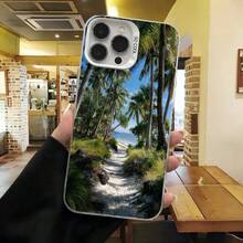 Cubierta de telefono con diseño tropical azul con palmeras y rio para iPhone 14 Pro Max estilo vacaciones en la playa - Negro - Ver 3