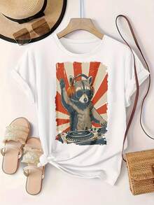 Raccoon Dj With Headphones And Sunglasses Women's Fashionable Print Casual T-Shirt Suitable For All Seasons
-White - 白色 - 查看 2