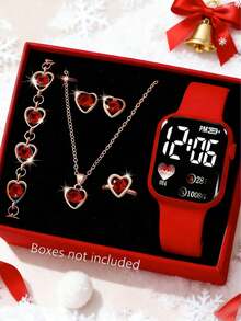 6/5pcs Set, Cute Cartoon Heart Shaped Digital Display Fashion Square Dial Watches, Bracelet, Necklace, Earrings, Ring Jewelry Set For Girls, Versatile For Christmas, Valentine's Day, Back To School, Birthday Gifts