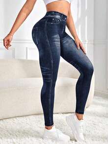 Quần legging thể thao nữ gợi cảm, họa tiết denim kỹ thuật số, thiết kế phối màu tương phản, quần tập yoga bó sát, quần đạp xe, nâng mông, thon gọn eo, quần lót yoga ôm sát, nhẹ và thoải mái, phù hợp cho các hoạt động thể thao trong nhà/ngoài trời như yoga, đạp xe, tập gym, mặc thường ngày mùa xuân. - Màu xanh hải quân - Xem 2
