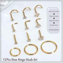3/9/12pcs Nose Ring Set, Unisex, Low Allergy 316L Stainless Steel Hinged Clasp Nose Rings, Suitable For Ear Cartilage, Ear Conch, Ear Tragus, Ear Helix, Silver, Gold, Black, L-Shaped/Spiral/Straight Nose Studs, Genuine Body Piercing Jewelry