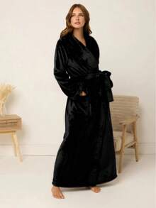 1 chiếc áo choàng tắm nữ dài cổ ve áo, lót nỉ, mềm mại, sang trọng, thời trang, thanh lịch, quyến rũ, thích hợp cho đầu mùa xuân. - màu đen - Xem 4