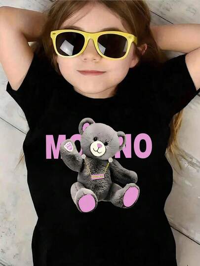 卡通熊印花圆领宽松休闲短袖T恤，适合年轻女孩