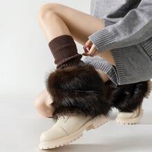 Women's Winter Knit Leg Warmers Solid Color Ribbed Furry Patchwork Casual Scrunch Leg Socks Boot Socks - Brown - View 5