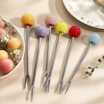 Dopamine Stainless Steel Dessert Fork Stainless Steel Fruit Fork Creative High-Fashion Cute Ball Two-Prong Pastry Fork