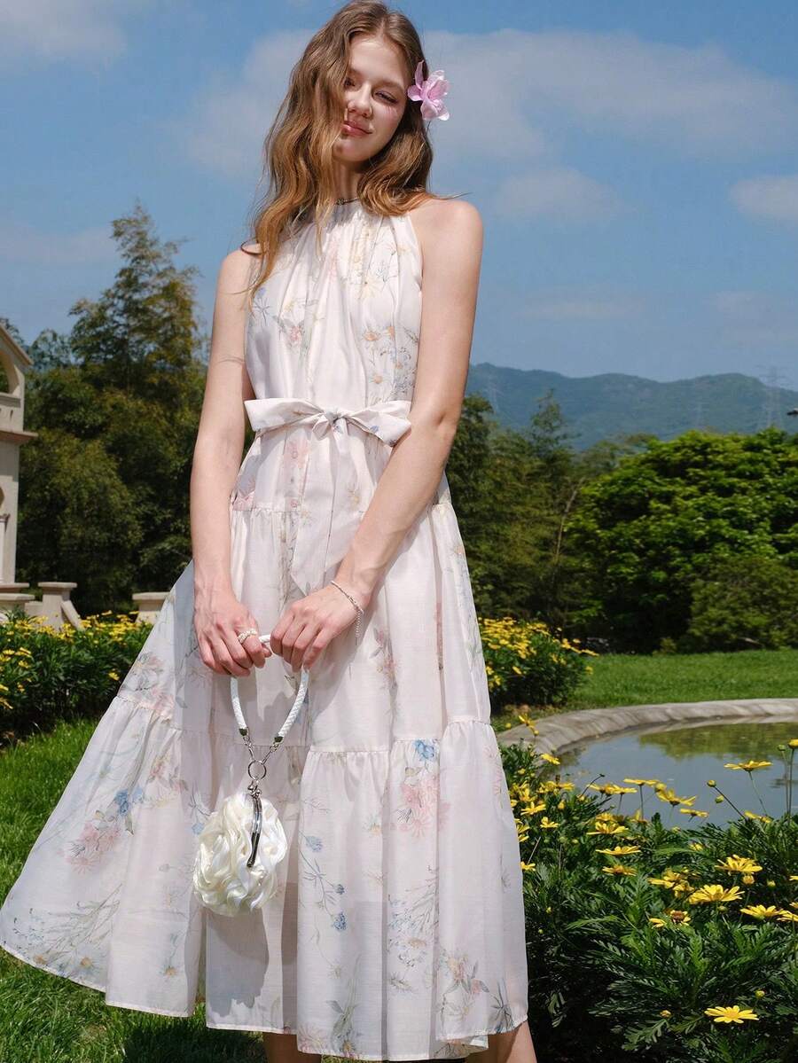 Vestido de mujer con estampado floral aleatorio de hombros descubiertos - Beis - Ver 1