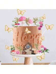 39pcs Fairy Cake Decorations, Pink Mushroom Gate Butterfly Flower Cake Decorations, Fairy Garden Decorations For Fairy Party Birthday Babyshower Cake Toppers,Baptism Cake Decorations(Do Not Touch The Cake Directly; Use It With The Tube.) - Multicolor - View 4