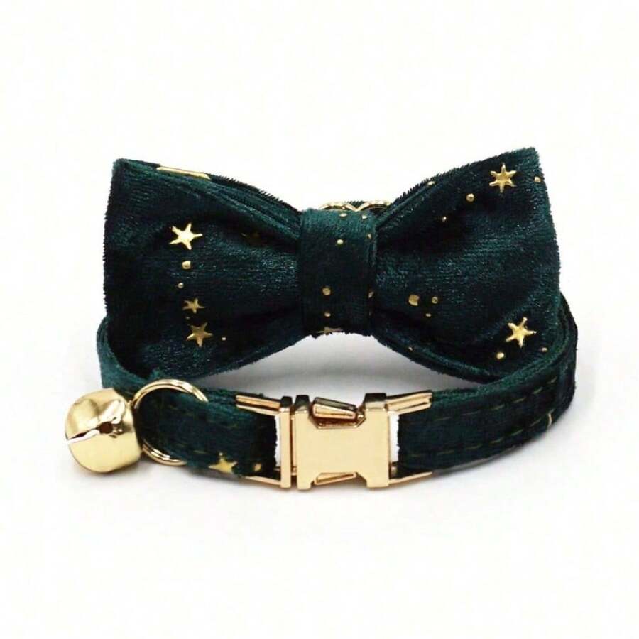 2 pezzi/set Collare per gatti in velluto con stella, campanello e fiocco, realizzato in lega di zinco placcata in oro, comodo da indossare, adatto per uso quotidiano, attività all'aperto, matrimoni/feste di compleanno (a causa delle caratteristiche del tessuto e della lavorazione artigianale, il colore può variare leggermente; spedizione casuale) - Verde militare - Visualizzare 1