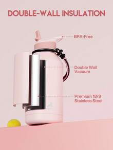 64盎司/1.9升半加仑保温水瓶，带吸管盖 - 加厚不锈钢真空保温水壶，大容量运动水瓶，带提手/肩带，防漏双层壁设计，保温/保冷，是健身、徒步、旅行和上学的理想之选 - 粉色 - 查看 3