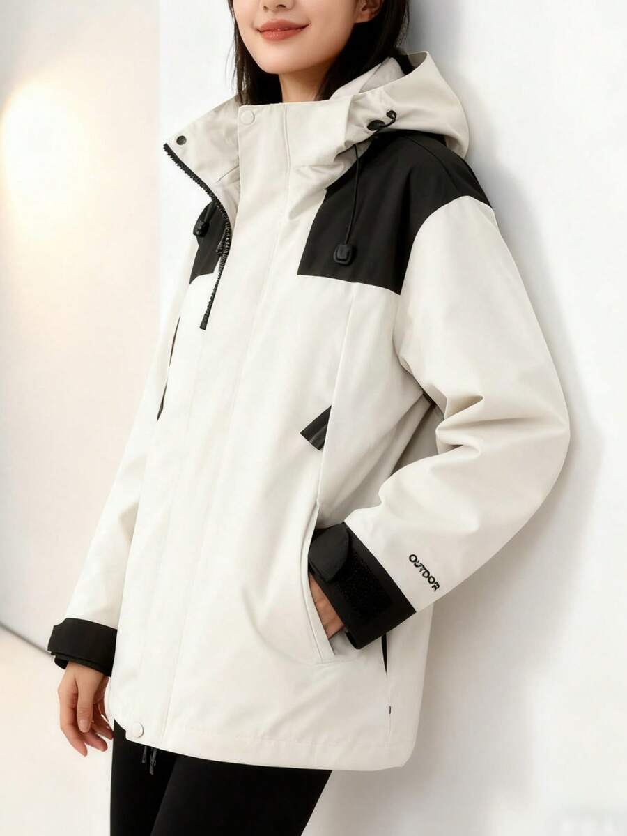 This Outdoor Functional Color-Blocked Windproof And Waterproof Hooded Jacket Is Suitable For A Variety Of Occasions. The Adjustable Hood And Stand-Up Collar Provide Double Protection, Ensuring A Snug Fit Around The Neck And Preventing Cold Wind From Getting In. The Color-Blocked Design Is Perfect For Daily Commutes And Street Style, Easily Creating A Look That Is Both Functional And Eye-Catching. - trắng - Xem 1