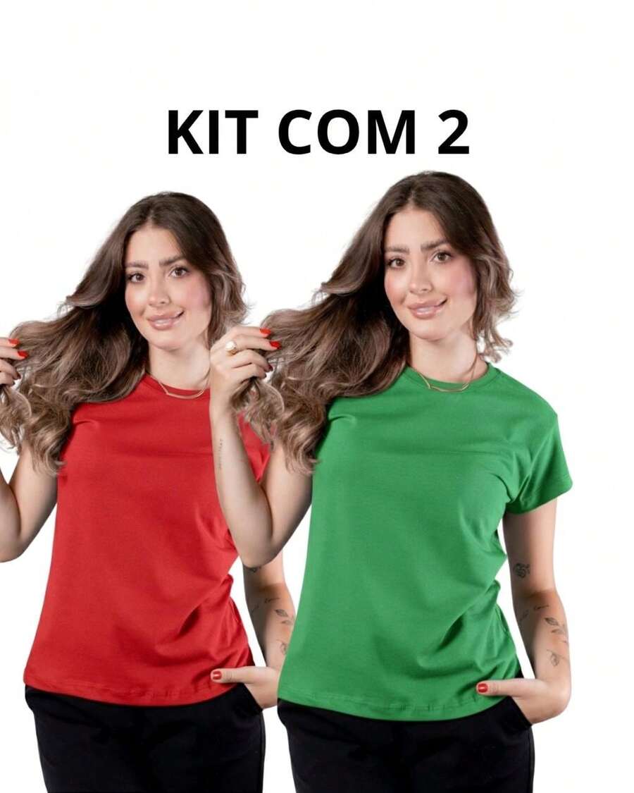 Set Of 2 Women's Basic Baby Look T-Shirts, 100% Premium Cotton, Plain Traditional T-Shirt, High Summer Style - 綠紅 - 查看 1