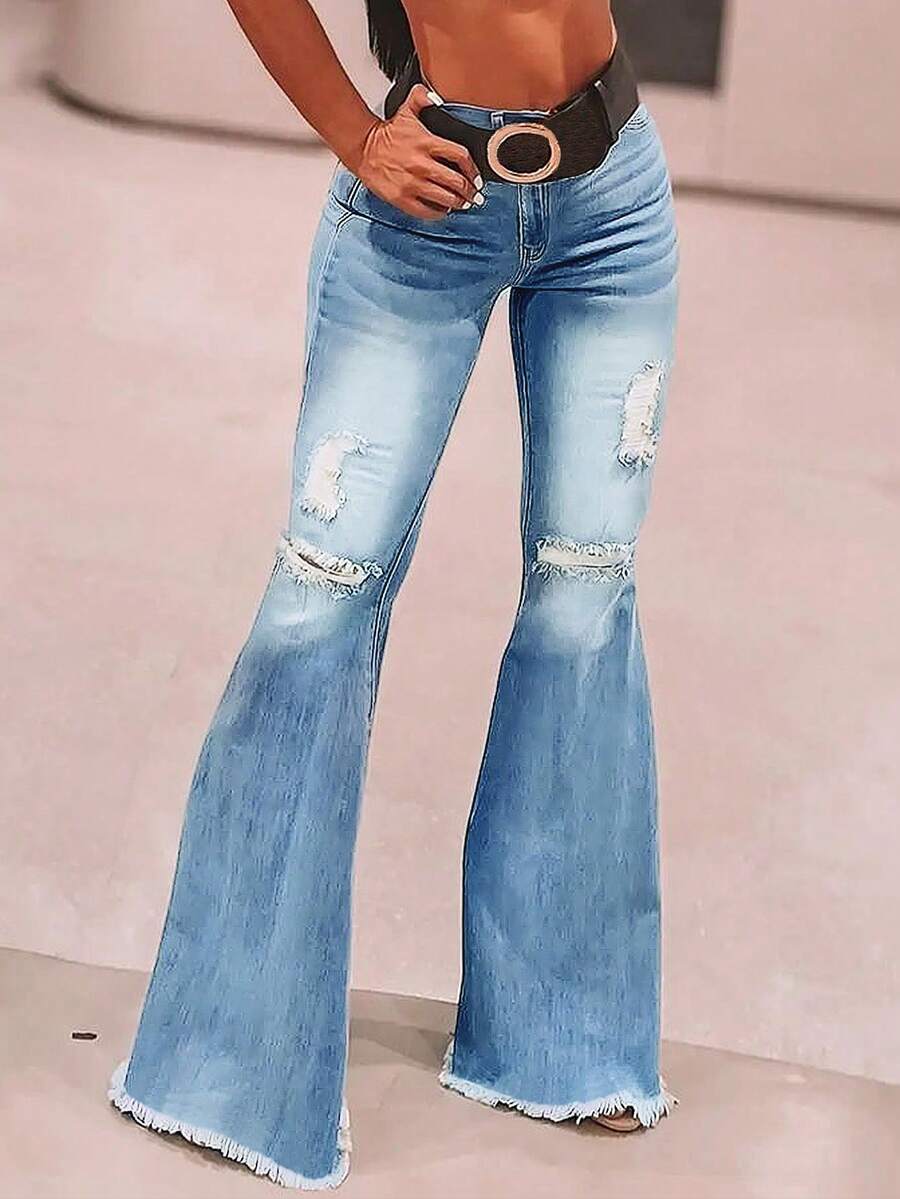 Women's Casual Distressed Raw Hem Flare Leg Jeans - Light Wash - View 1