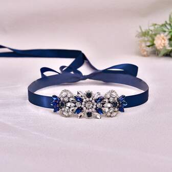 手工水晶新娘腰带，派对、舞会、婚纱、晚礼服腰部配饰，蓝色