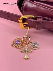 HAILIAN Amuleto de llavero de mujer de aleación con cruz, corazón y corona de lágrima con rhinestones - se puede usar como accesorio decorativo para billeteras, mochilas, estuches de auriculares, etc., con un cierre adecuado para maletas y automóviles