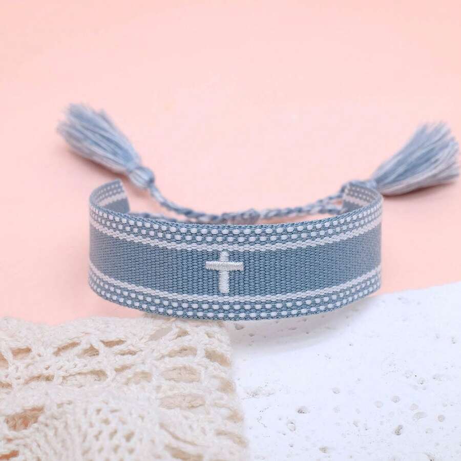 1pc Embroidered Cross Boho Handmade Woven Tassel Bracelet - Baby Blue - View 1
