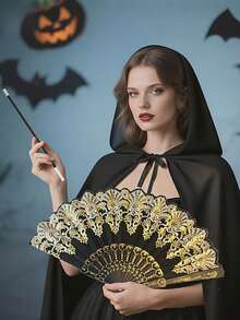 3pcs Dark Night Witch Magic Cape Black Cloak Costume Accessory Set Halloween Shadow Enchantress Decor Prop, Handheld Folding Screen For Alluring Gothic Fairy Look, Fantasy Roleplay, Vintage Gothic, Mystical Design Witch Outfit,Cos Props, Festival Costume Props, Carnival