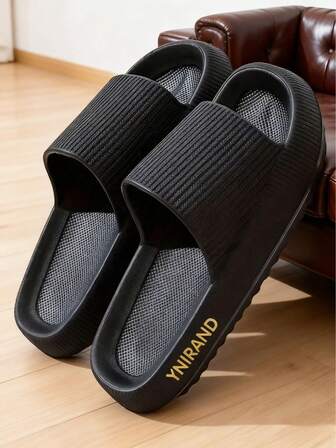 3CM Thick Sole Men's Striped Letter Fashion Slippers, EVA Material Anti-Slip Anti-Odor Antibacterial Foot Protection/Soft Lightweight Comfortable, Suitable For Indoor, Bathroom, Bedroom, Outdoor Beach, Black Versatile Casual Sports Style Unisex Sandals