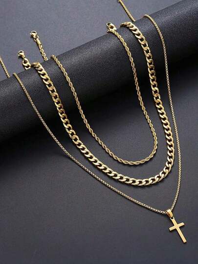 3pcs Hollow Cross Chain Necklace With Twisted Rope Chain, Best Gift For Friends, Fashionable For Daily And Vacation Wear Valentines,Day Gift, Mom,Mother,Mother's Day,Gift, Love Gift For Lovers Gift For My Wife Gift For Lovers Gift For My Girlfriend Couple Jewelry Accessories